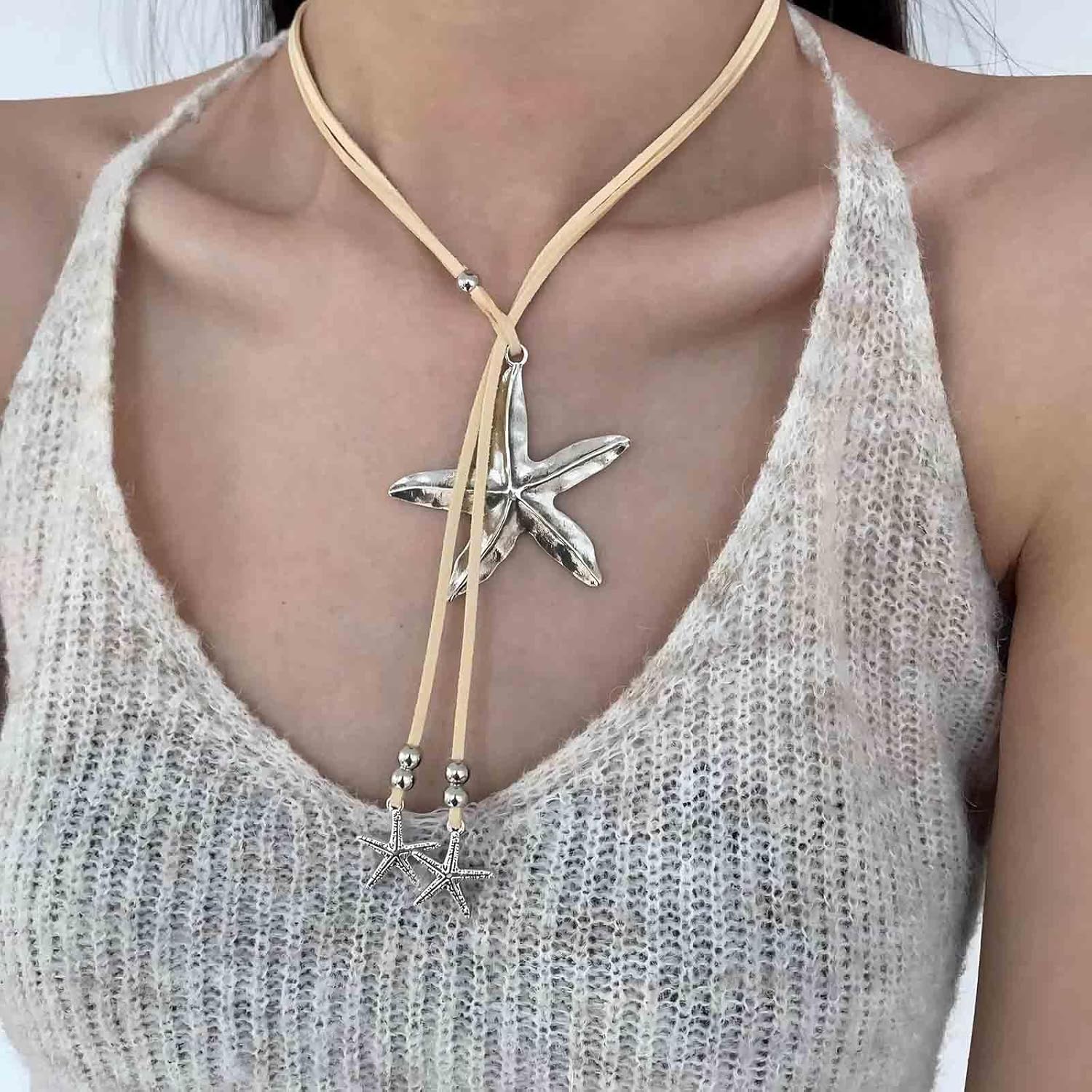 Andelaisi Punk Exaggerate Starfish Pendant Necklace Vintage Star Y Lariat Necklace Yellow Rope Choker Necklaces Adjustable Sea Star Velvet Chain Necklaces Jewelry for Women - Image 7