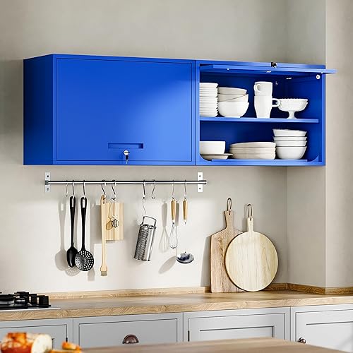 Vista 37 de Yizosh Armario de garaje de metal con puertas, armario de almacenamiento montado en la pared, gabinete de herramientas flotante para sótano, cocina