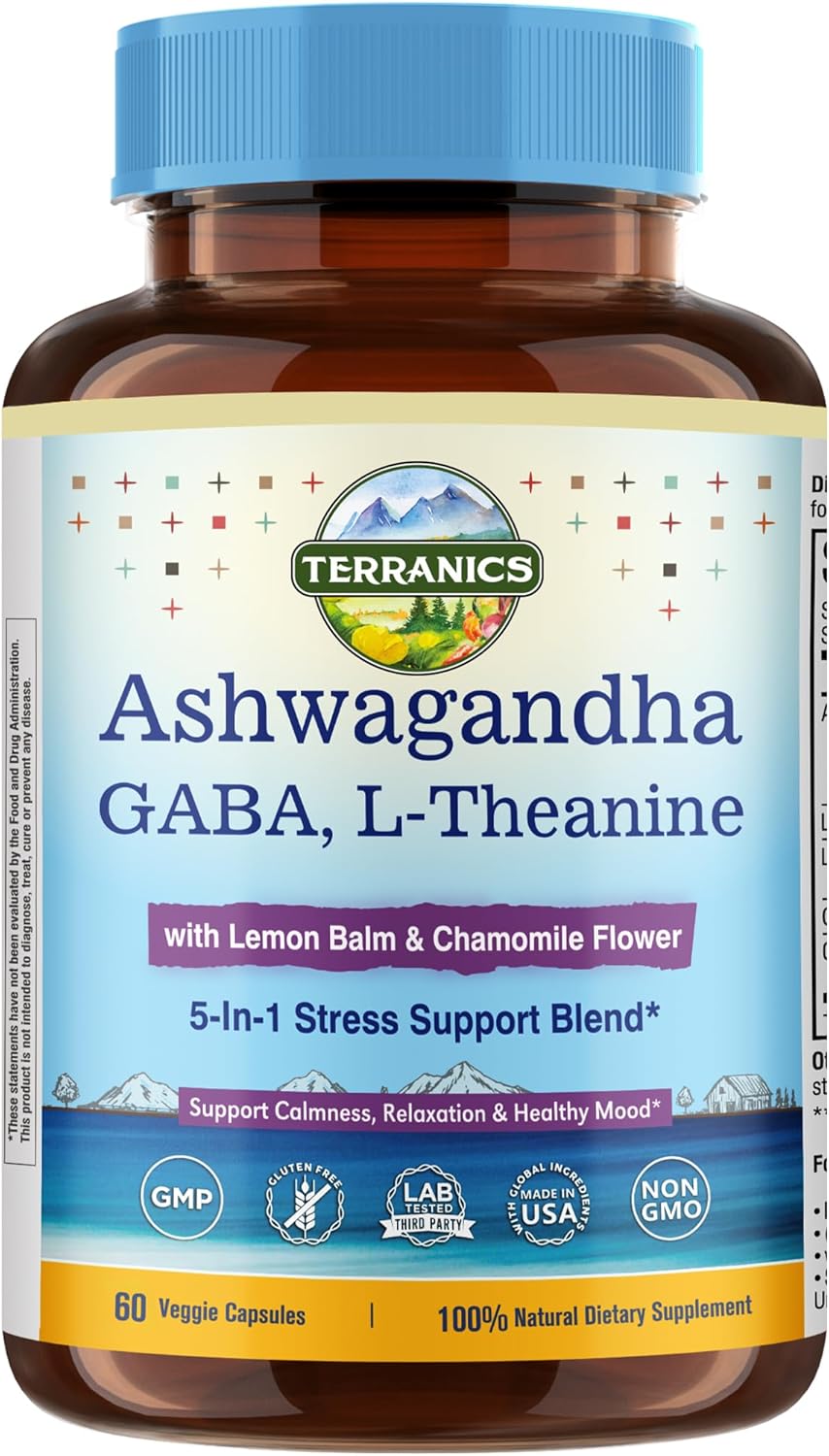 Terranics Ashwagandha L-Theanine Supplement for Stress Relief, Combined with GABA, Lemon Balm, Chamomile Flower Extract, Non-GMO, Stay Calm & Relaxed, Boost Cognitive Function, 60 Vegan Capsules