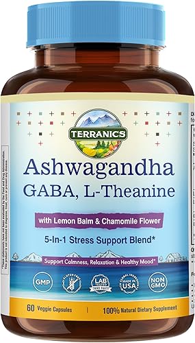 Terranics Ashwagandha - Suplemento de L-teanina para aliviar el estrés, combinado con GABA, bálsamo de limón, extracto de flor de manzanilla, sin