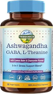 Terranics Ashwagandha L-Theanine Supplement for Stress Relief, Combined with GABA, Lemon Balm, Chamomile Flower Extract, Non-GMO, Stay Calm & Relaxed, Boost Cognitive Function, 60 Vegan Capsules