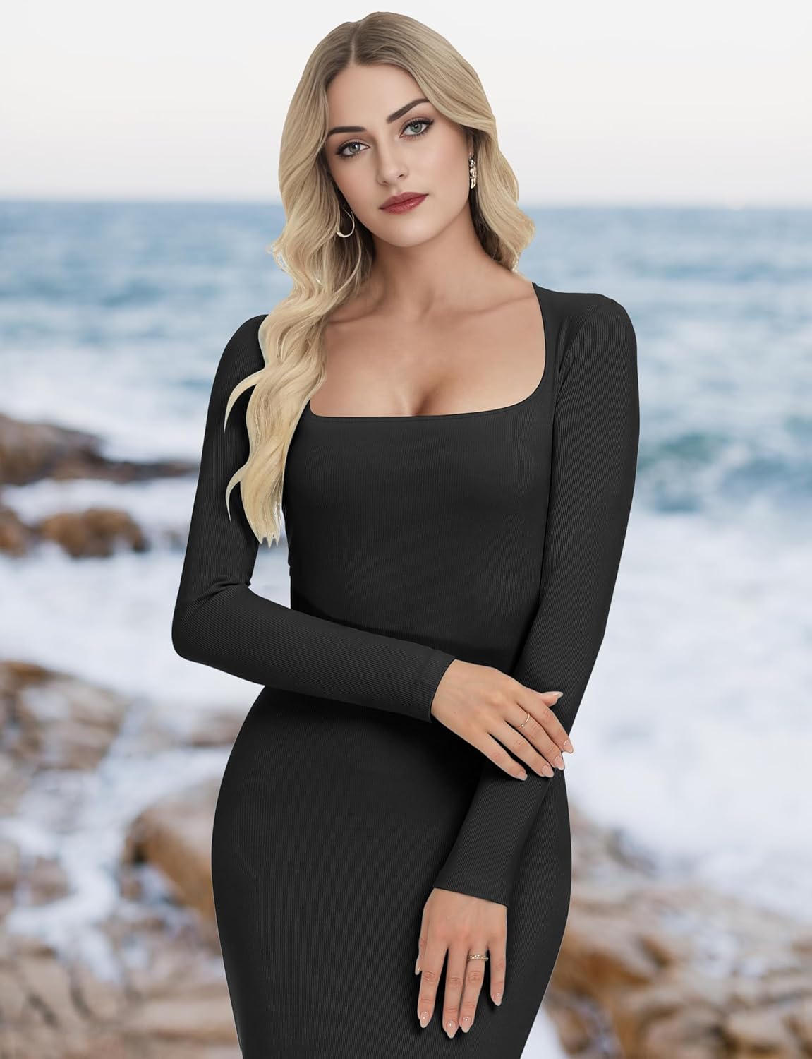 Buauty Women's Bodycon Maxi Dresses, Ribbed Square Neck Long Dress, Fall Long Sleeve Lounge Dress for Women - Image 3