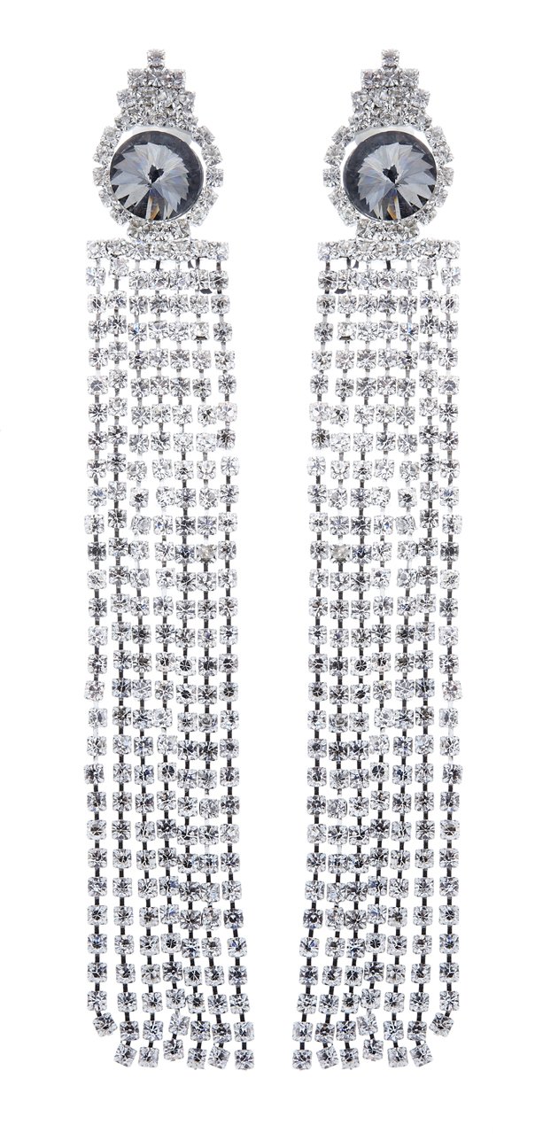 Orecchini A Clip Bello London – Placcati Argento Con Fili Di Cristallo, A Lampadario, Lunghi 11 Cm