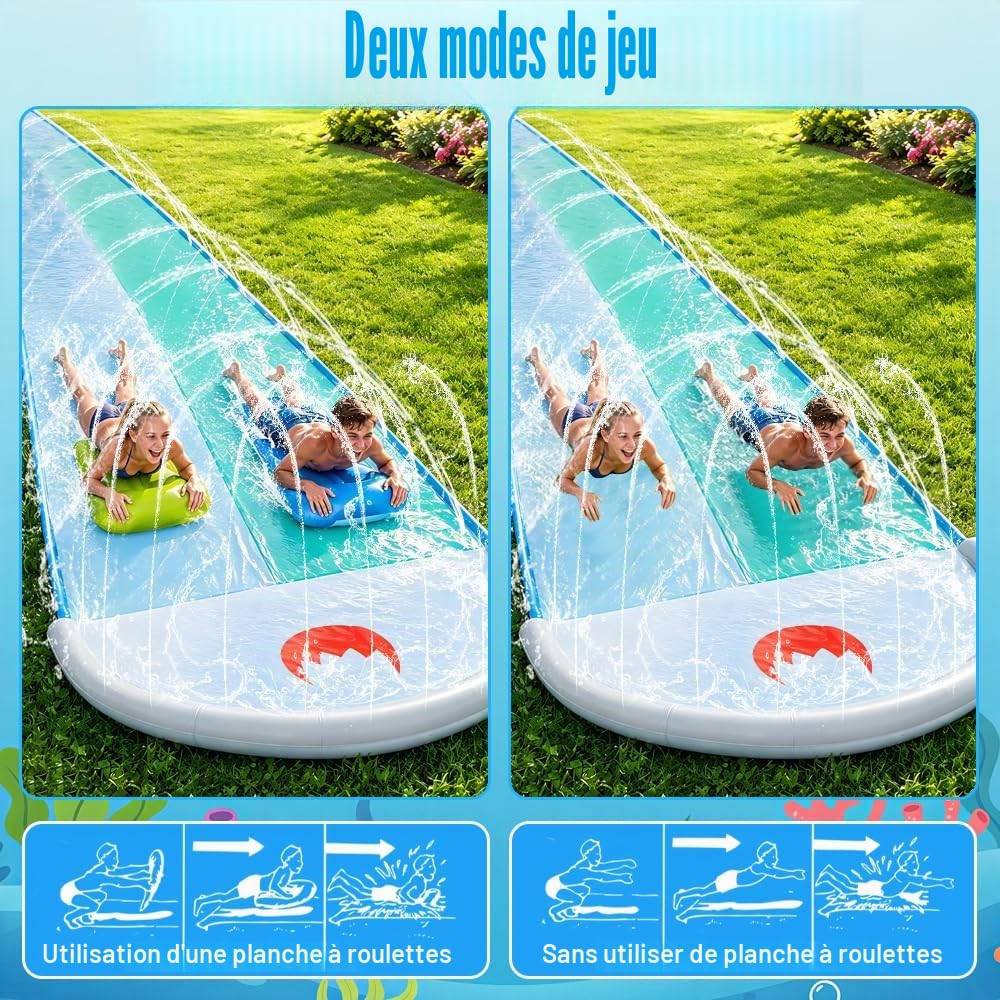 Mineup Toboggan Aquatique, 550 X 140cm Toboggan De Pelouse D'été avec Arroseur Intégré, Tobogga pour Pelouse Double Tobogga À Eau avec 2 Bodyboards, Idéal pour Le Jardin Et La Pelous