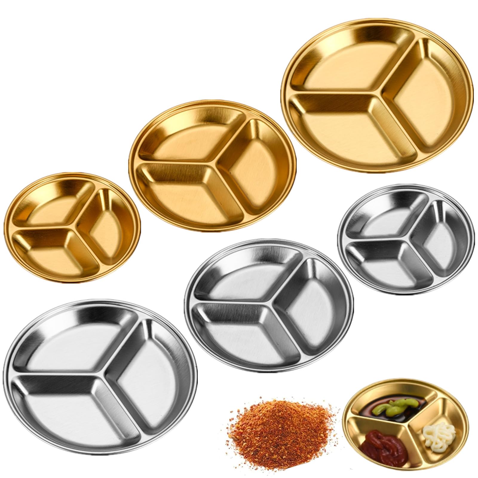 Morices 6 Pcs Stainless Steel Dipping Sauce Dishes, Multi-size Stackable Round Seasoning Dish 3 Compartment Sushi Dipping Bowls Divided Spices Soy Sauce Cups Snacks Fruits Appetizer Serving Plates