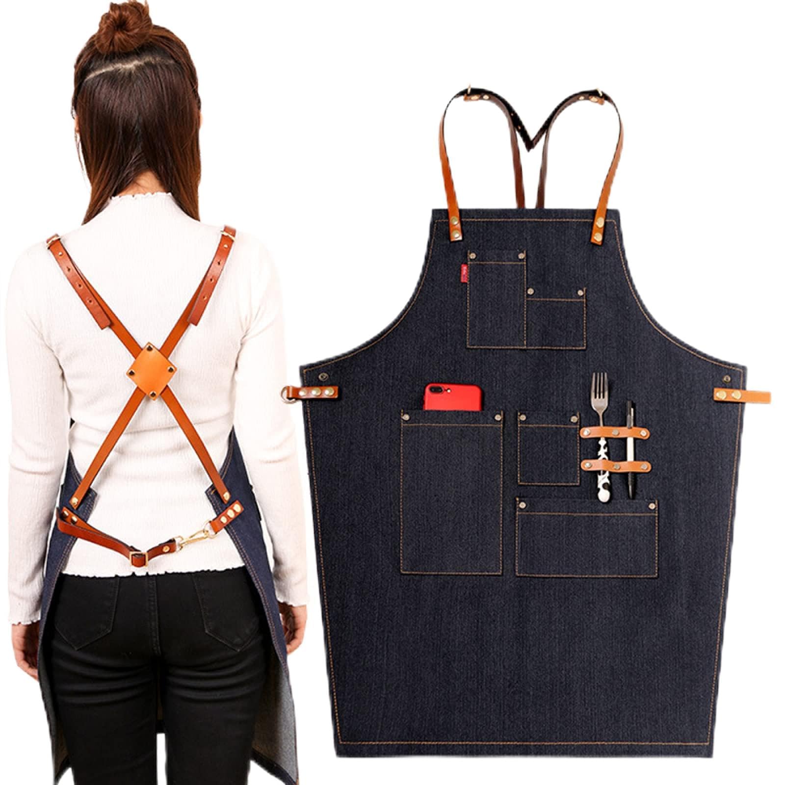 YUANZHOU Cooking Apron,Denim Apron,Suitable for Working Aprons in Restaurants, Hairdressers and Cafes