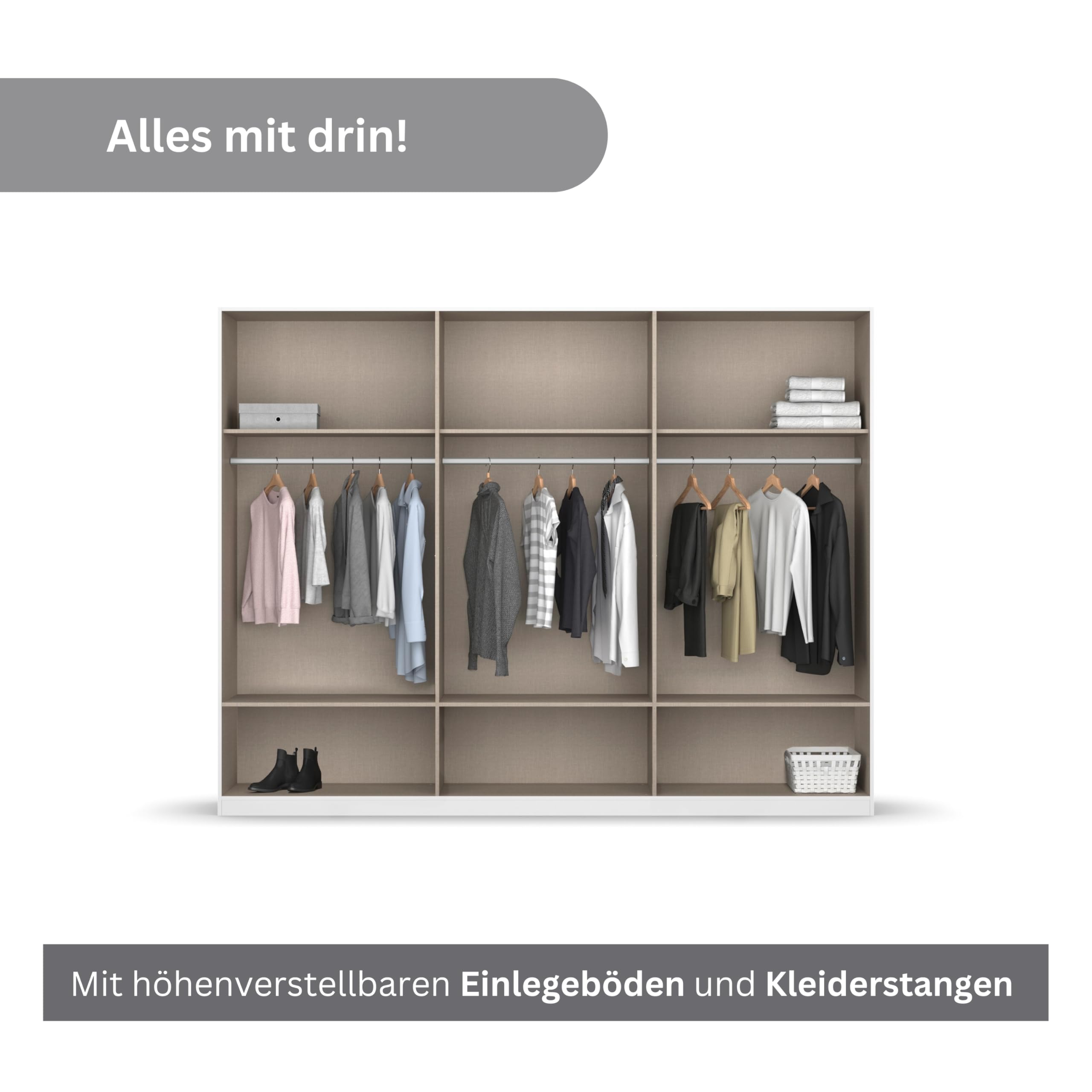 Rauch Möbel BARI, Kleiderschrank, Farbe Weiß/Eiche Artisan, Breite 271 cm | Schrank, 6-türig, 3 Schubladen, für Schlafzimmer, Kinderzimmer, Babyzimmer, Homeoffice, Garderobe, Flur