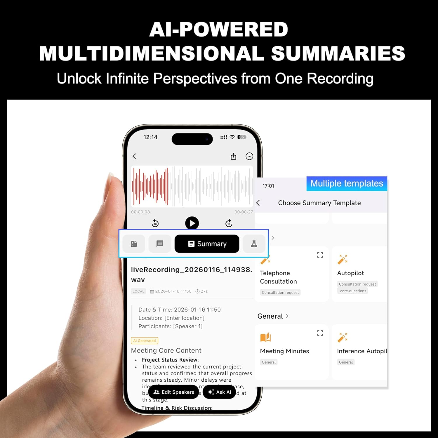 AI Voice Recorder Designed as Magnetic Phone Stand, Real-Time Transcription in 100+ Languages, App Control Smart Digital Audio Recorder Transcribe & Summarize Note Taker for Lectures Meetings