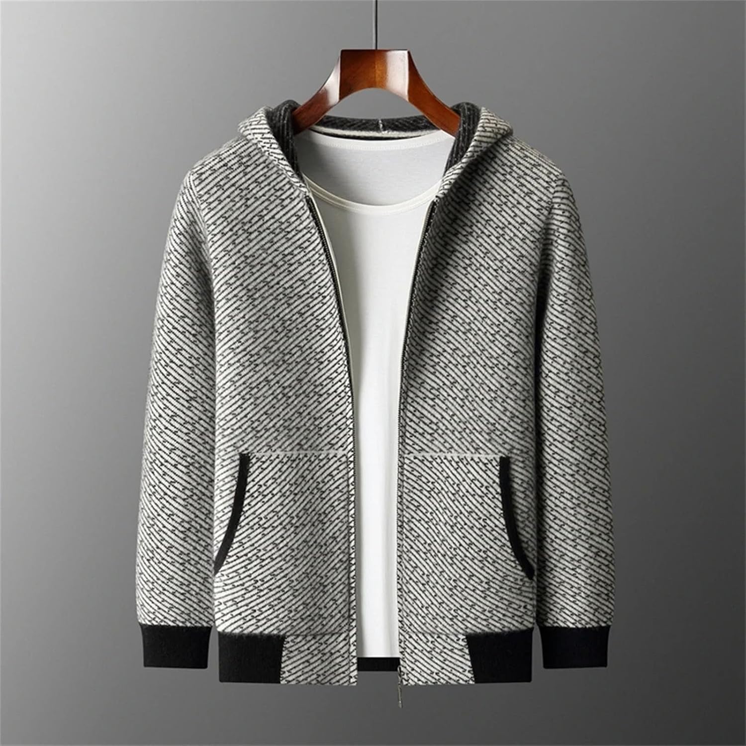 Men's Winter Cashmere Sweater Casual Knitted Long Sleeved Business Cardigan 100 Percent Wool Hooded Sweaters