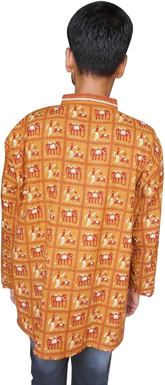 Indian Summer Elephent Print Fashion Men Kurta T-Shirt Cotton Wear Multi-Color