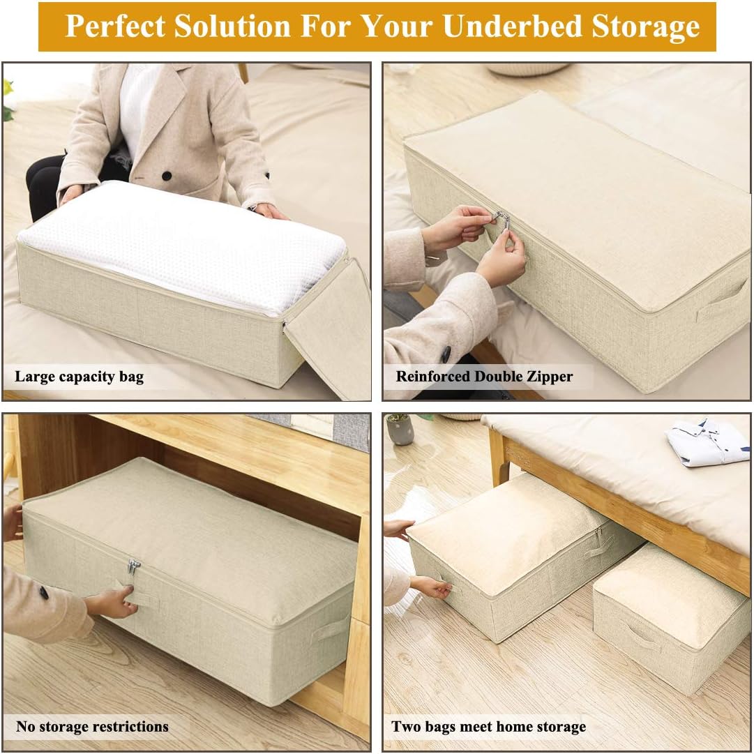 Under Bed Storage, 2 Pack Clothing Storage Bags W/ Upgraded Handles, Large Capacity Underbed Shoe Container Organizer, Breathable Dorm Essentials Bins for Blanket, Pillows, Comforters & Quilts, Beige