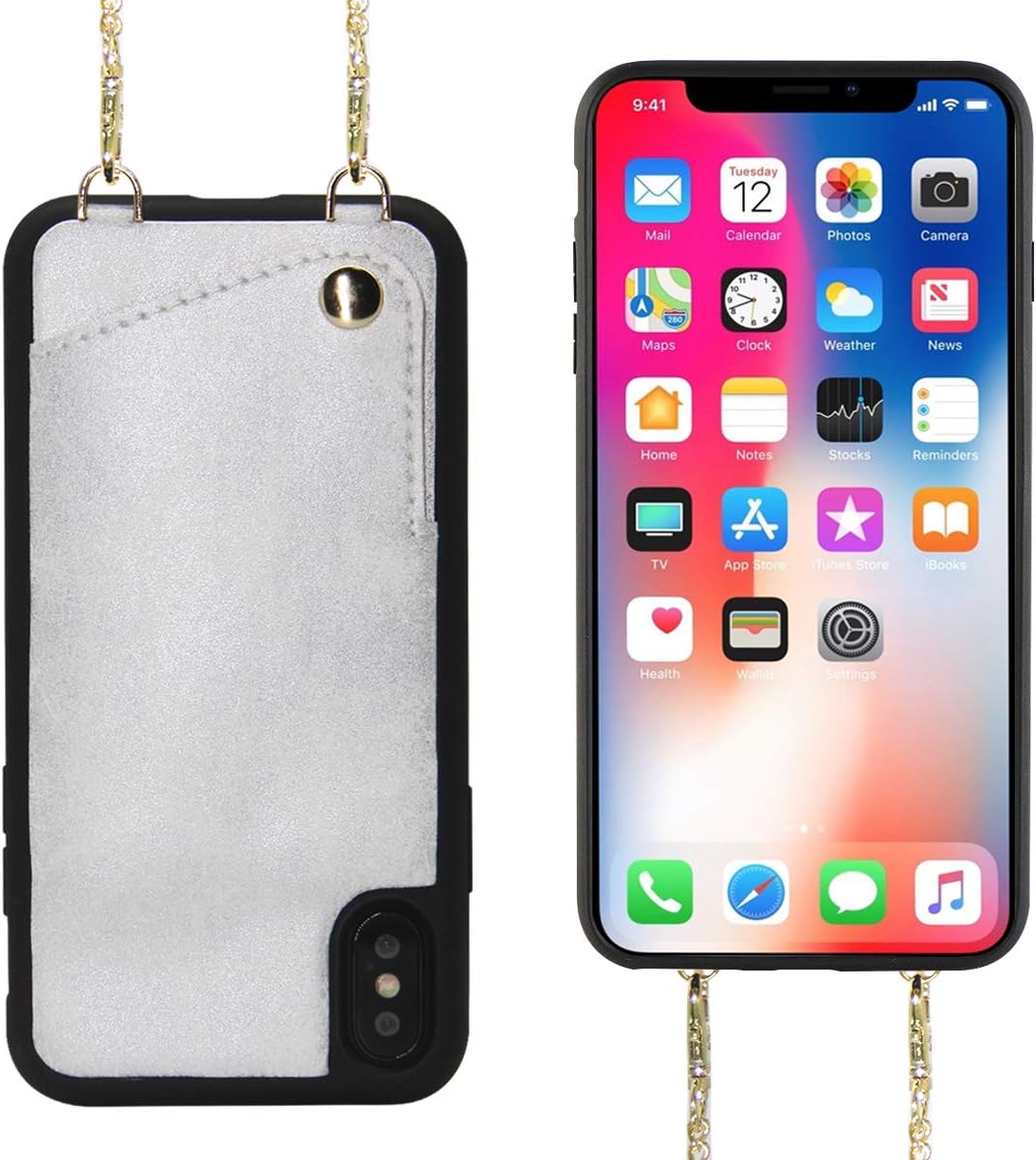 iPhone Xs Max Wallet Case, iPhone Xs Max Crossbody Case, JLFCH Leather Wallet Case with Card Slot Holder Crossbody Strap Chain Full Frame Protection Case for Apple iPhone Xs Max, 6.5 inch, Silver