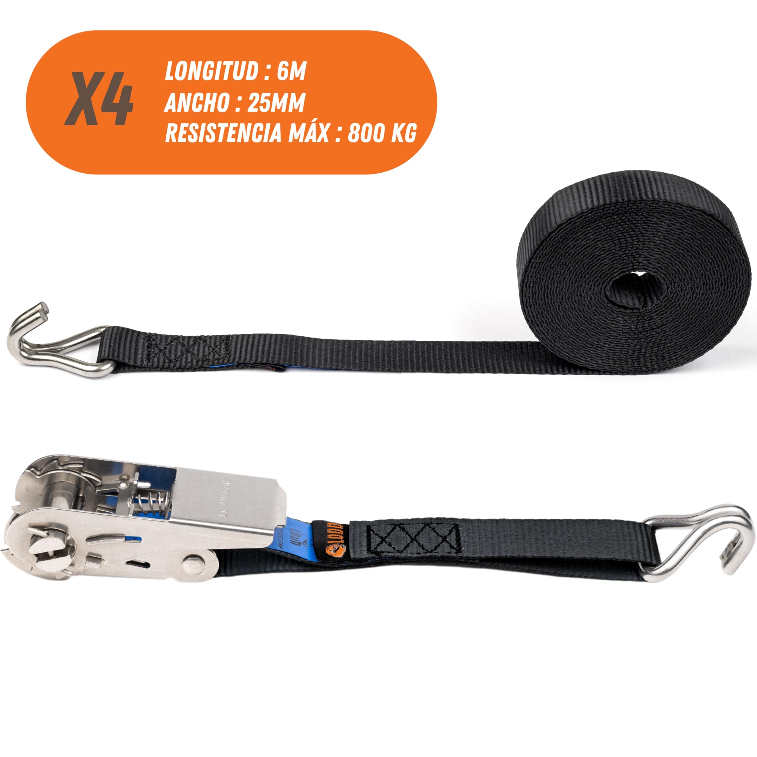 LODD - 4 Correas de Amarre de 6M en Acero Inoxidable, Ganchos Doble J de Acero Inoxidable, con Maleta de Transporte - Ideal para Lonas de Piscina