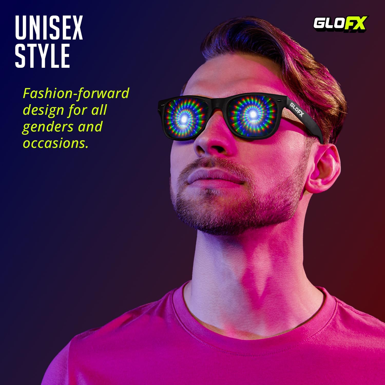 GloFX Snaps: Diffraction Rave Glasses | Black Magnetic Snap Frames with Line, Heart, and Spiral Lenses | Rave Accessories for Festivals, Rave Gear, and Kaleidoscope Effects