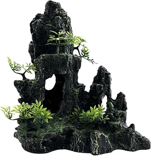 Large and Tall Fish Tank Decorations Aquarium Mountain View Stone Decorations Resin Rock Aquascaping with Hiding Cave, Fish Tank Accessories Aquarium Ornaments with Small Plants (E)