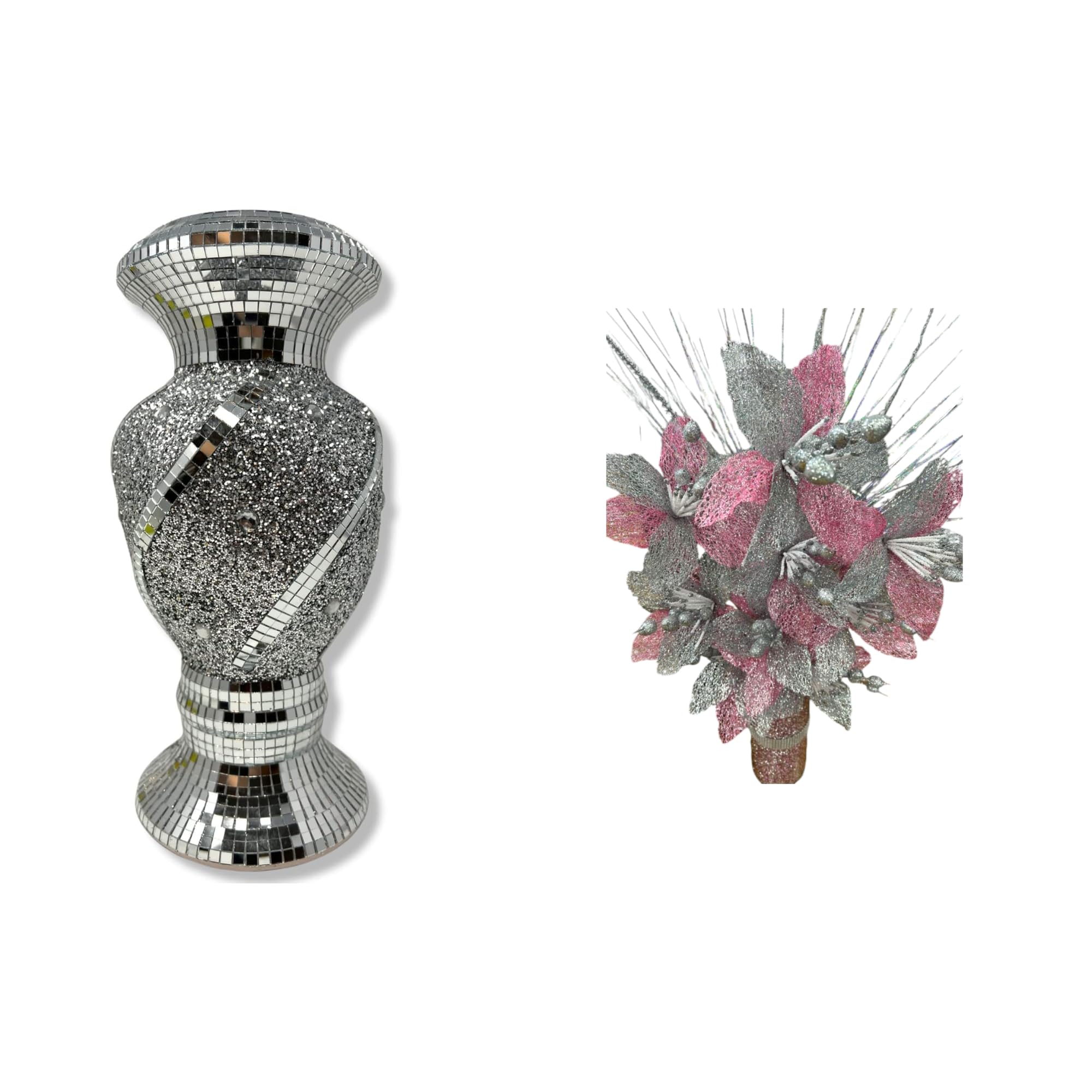 Jayogla Silver + Pink Silver Crystal Crushed Diamond Vase With Artificial Flowers (Ceramic + Silk, )