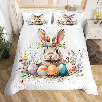 Erosebridal Kids Easter Bunny King Bedding Set,Easter Egg Duvet Cover for Girls Boys Bedroom Decor,Farmhouse Rabbit Bed Set Colorful Spring Flower Duvet Cover,2 PillowcasesNo Comforter