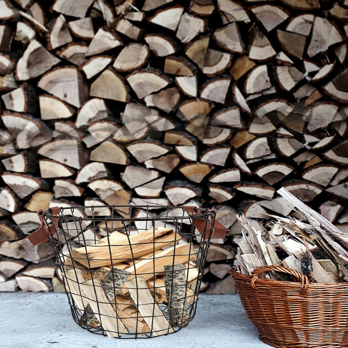 POPETPOP Round Metal Firewood Basket with Handle Rustic Iron Storage Bin for Firewood Laundry or Blanket Large Wire Country Organizer for Outdoor Use