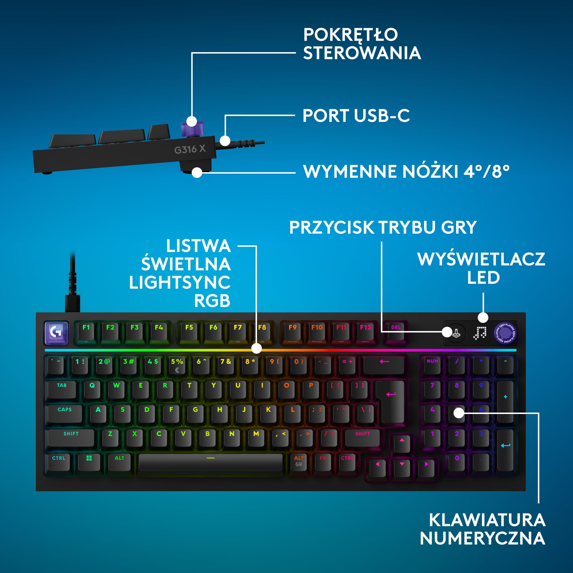 Logitech G G316 X 98, klawiatura do gier, 8 kHz,wymienne sprężynujące przełączniki,konstrukcja uszczelkowa,LED matrycowy & pokrętło,podwójne klawisze PBT,USB-C,RGB LIGHTSYNC,PC, US INT'L QWERTY-Czarny