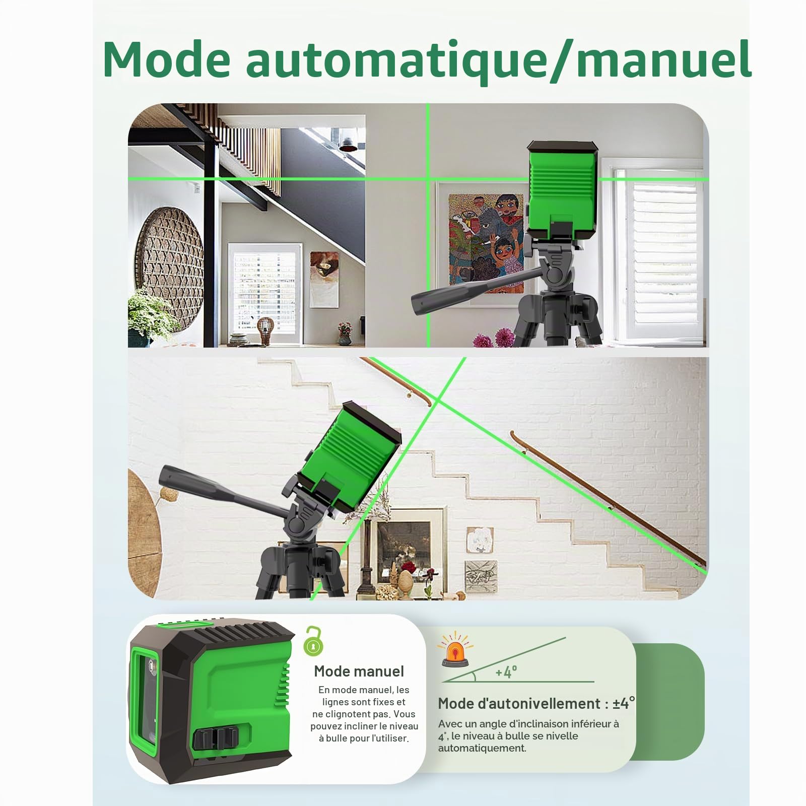 Niveau Laser 360° avec Trépied de 127 cm, Lignes Croisées Auto-nivelantes Vertes, Outil Laser Horizontal et Vertical pour Accrocher des Tableaux, Rénovation Domicile – Piles AA et Pochette incluses