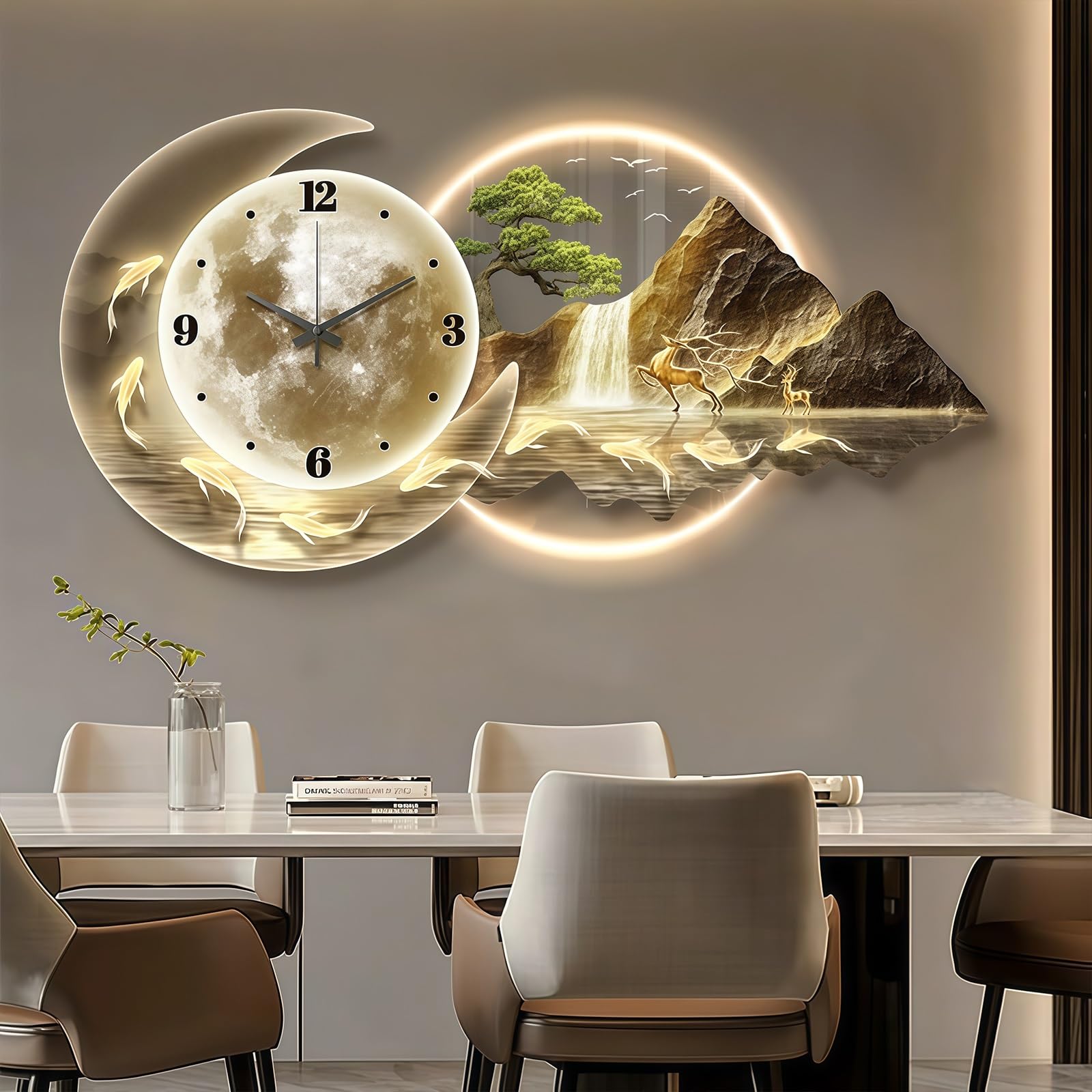 Horloge Murale Design Moderne avec LED, Grande Sculpture Murale 3D, Sculptures Murales Créatives De Paysage, Mouvement Silencieux sans Tic-tac, pour Salon, Chambre, Bureau, Couloir, Entrée