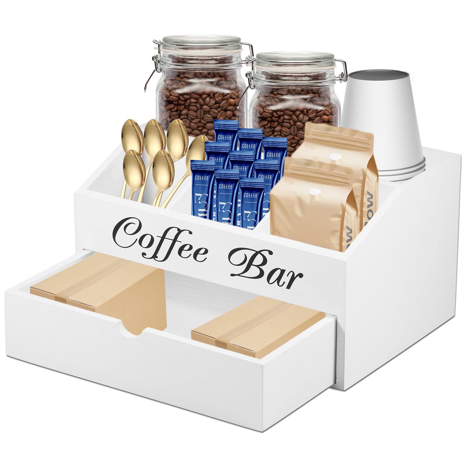 Sutowe White Coffee Station Organizer With Draw 5 Compartment Tea Chest Box Coffee Bar Accessories Caddy Wood Vintage Coffee Pods Holder Coffee Condiment Storage Bin For Countertop Sugar Packet Sweeteners(White)