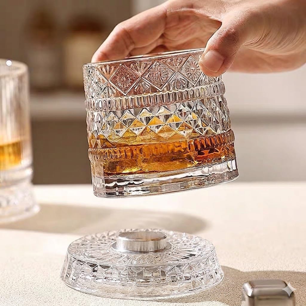 360° Rotating Whiskey Glass with LED Light Spinning Crystal Bourbon Tumbler Glowing Old Fashioned Scotch Glasses Gift (Multicolor,Style 1)