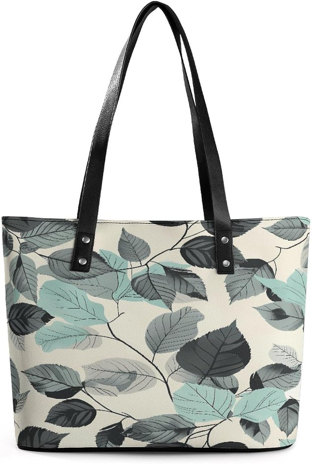 Mint Gray Leaves Tote Bag with Reinforced Bottom & Handles,Gym Bag Durable And Tip-proof,Weekender Bag to Top Zipper Closure,Daily Essentials