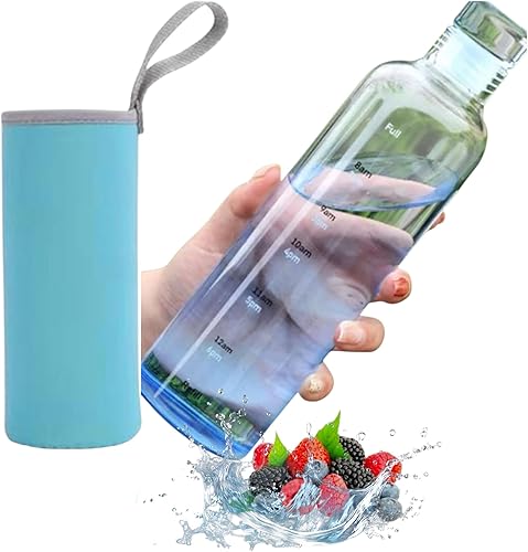 Botella de vidrio azul deportiva de 17 onzas, botella de vidrio de borosilicato con marcador de tiempo por hora, a prueba de fugas, reutilizable,
