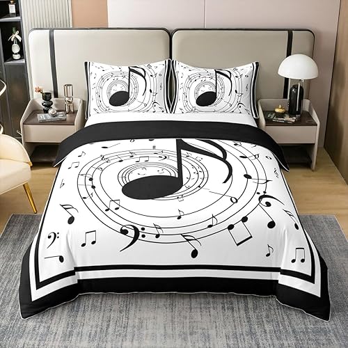 Miniatura 23 de Juego de ropa de cama tamaño King 100% algodón con notas musicales de piano y clave musical, juego de ropa de cama para niños y niñas, diseño retro