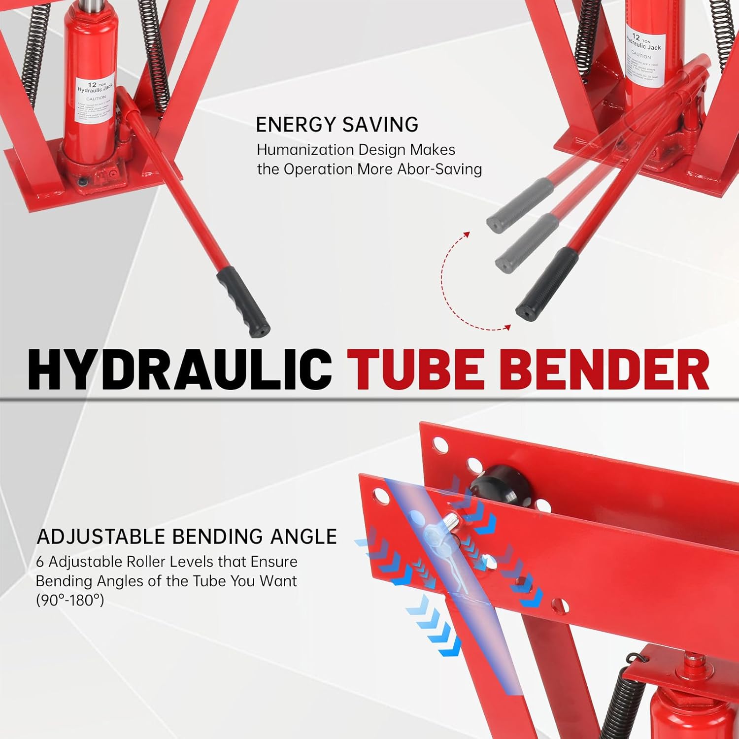 12 Ton Hydraulic Pipe Bender, 1/2 Inch Manual Copper Tube Bender Tool with 6 Bending Dies (1/2", 3/4", 1", 1-1/4", 1-1/2", 2") & Adjustable Guide Rollers, 90-180° Bending
