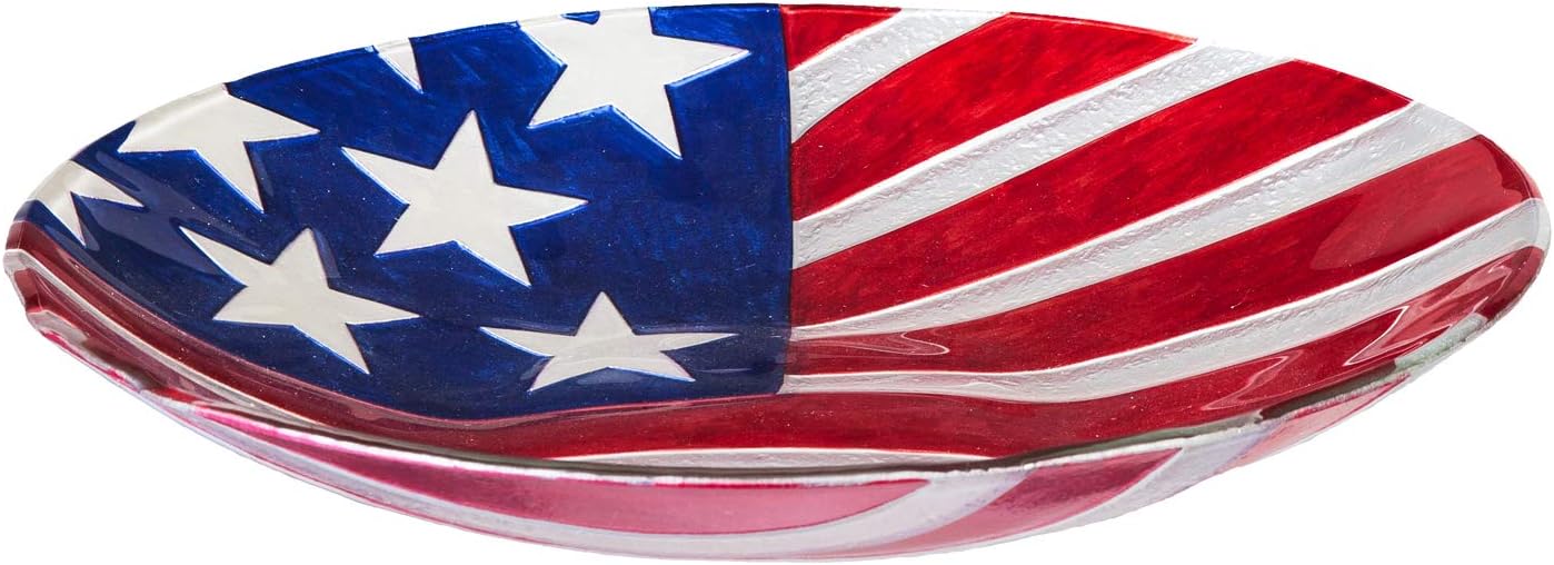 Evergreen Garden American Flag 18 inch Glass Bird Bath Bowl