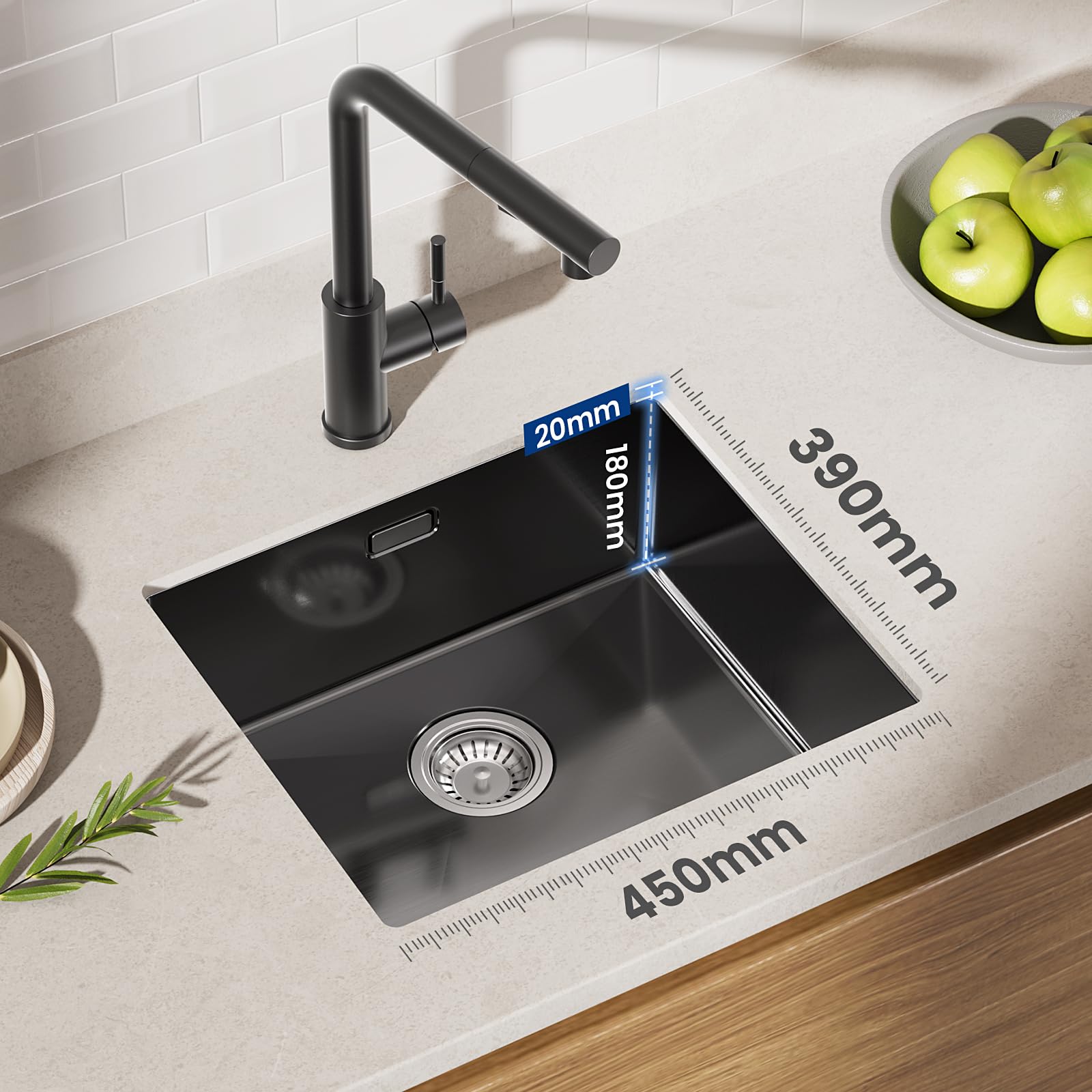 CECIPA Lavello Nero Antracite 50x44cm, Lavello Cucina in Acciaio Inox Angolare, Lavello Cucina in Acciaio Inox Lavello da Incasso Piccolo incluso Sifone, Lavabo Cucina da 50cm di Altezza senza