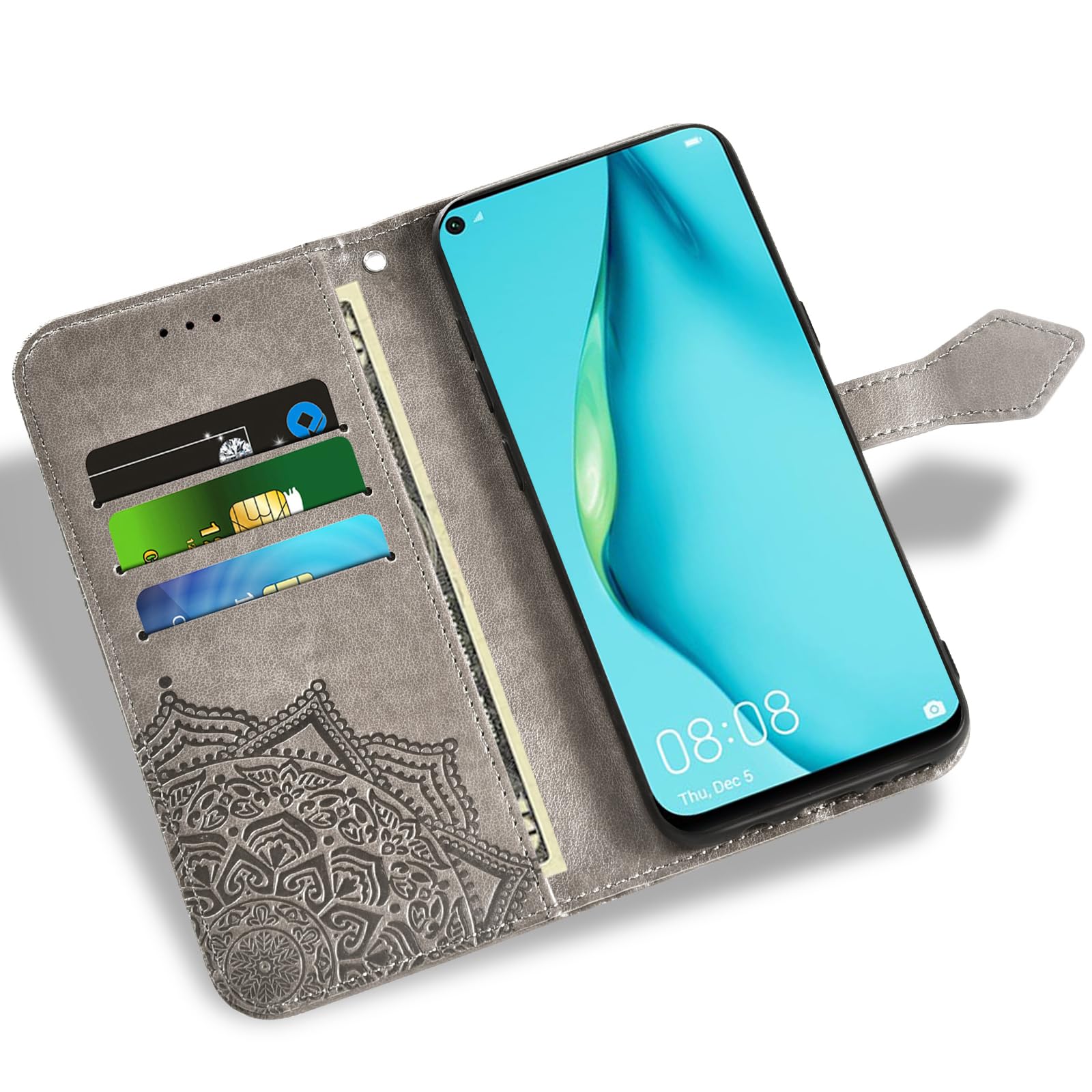 Asuwish Cover per Huawei P40 Lite 4G con Pellicola Vetro Temperato Supporto Regolabile Pelle Portacarte Portafoglio Mandala Custodia per Hawaii P 40 P40Lite JNY-LX1 Cellulare Phone Case Grigio