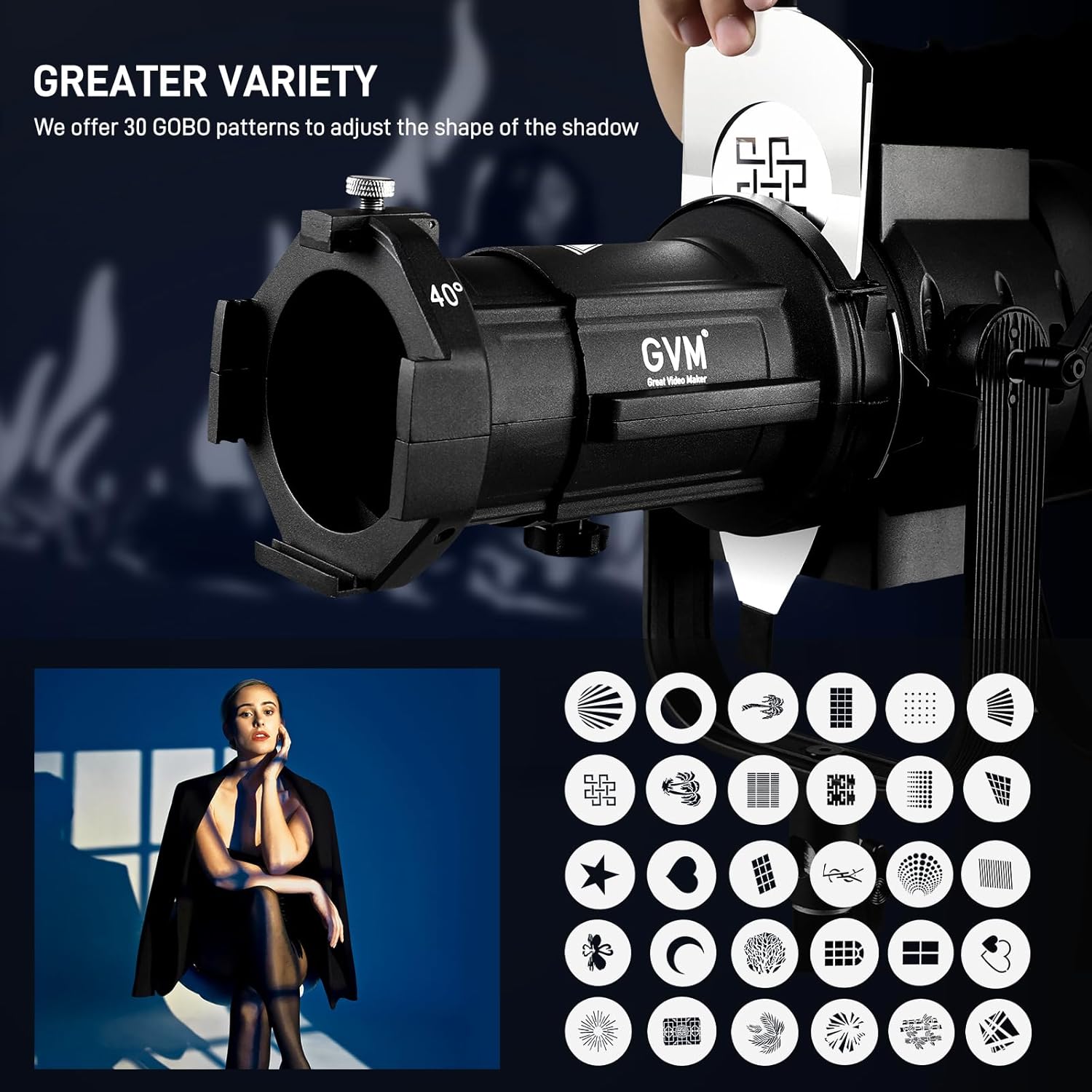 GVM Conical Optical Snoot Kit, Spotlight Snoot Photography with 40° Projection Lens, 30 Gobos and 5 Color Filters, Adjustable Focus Bowens Mount Snoot for Studio LED Video Lights Flash Up to 600W