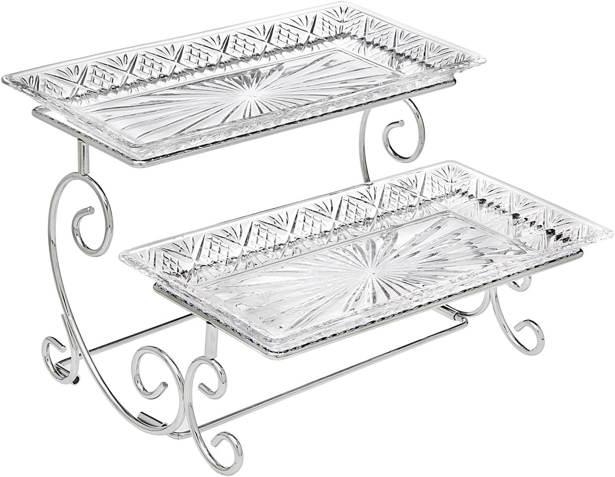 GodingerSilver Art Dublin 2 Tiered Glass Buffet Serving Tray - Chrome Plated Platter Stand with Starburst Design - Party and Event Dessert and Food Display Server
