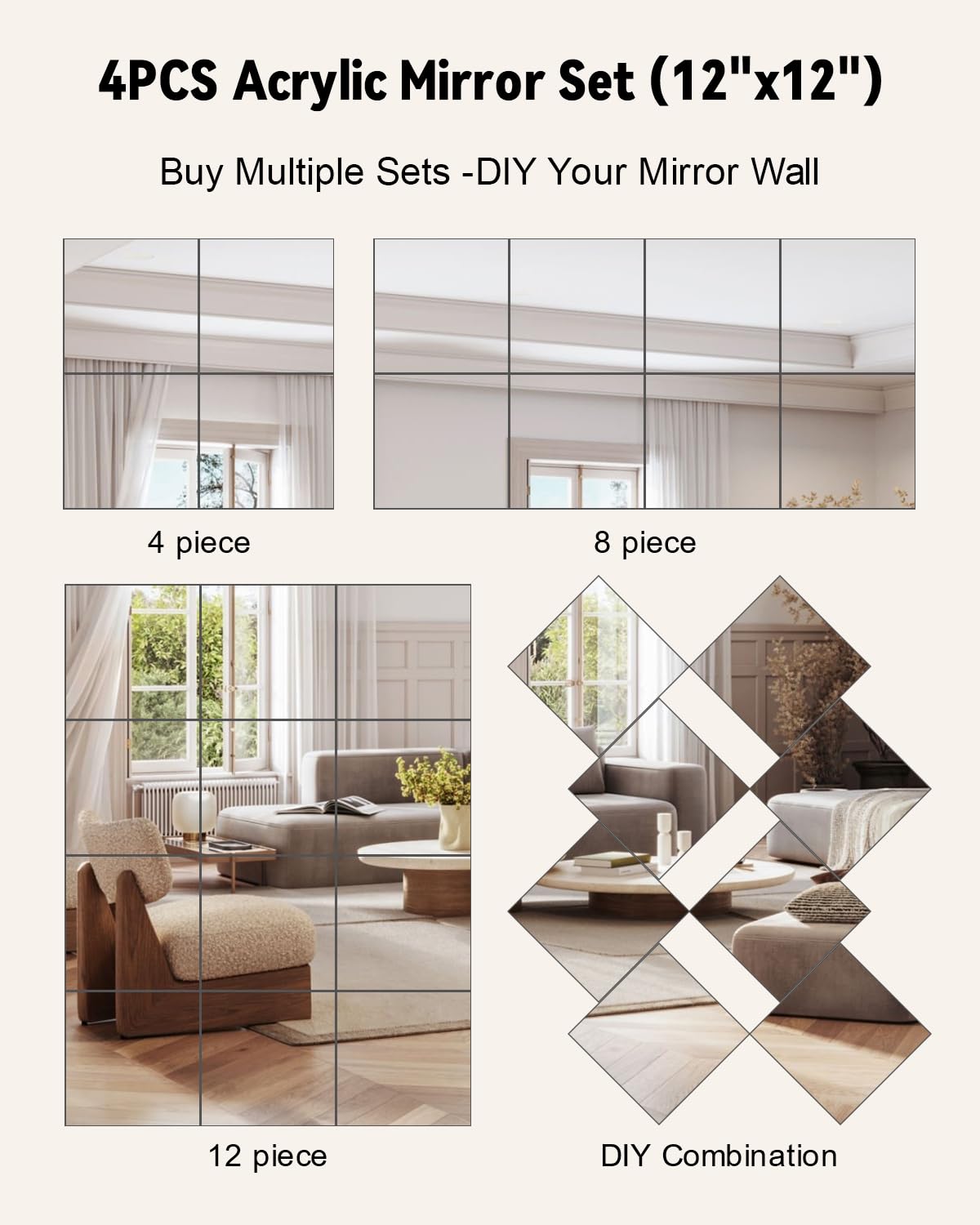 Espejo de pared de longitud completa, 12 x 12 pulgadas x 4 piezas, espejo acrílico irrompible de cuerpo completo para dormitorio, cuadrados, hojas de espejo inastillables, montado en la pared para