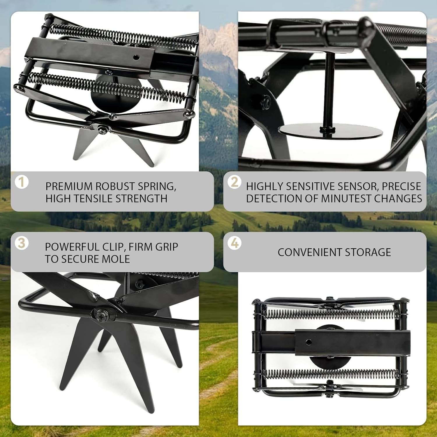 2 Pack with 4 Flags- Stainless Steel Ground Mole Traps, Easy Step Setup Mole Killer for Lawns, Powerful Spring Gopher Trap for Home Garden, Ranch & Farm(Black)