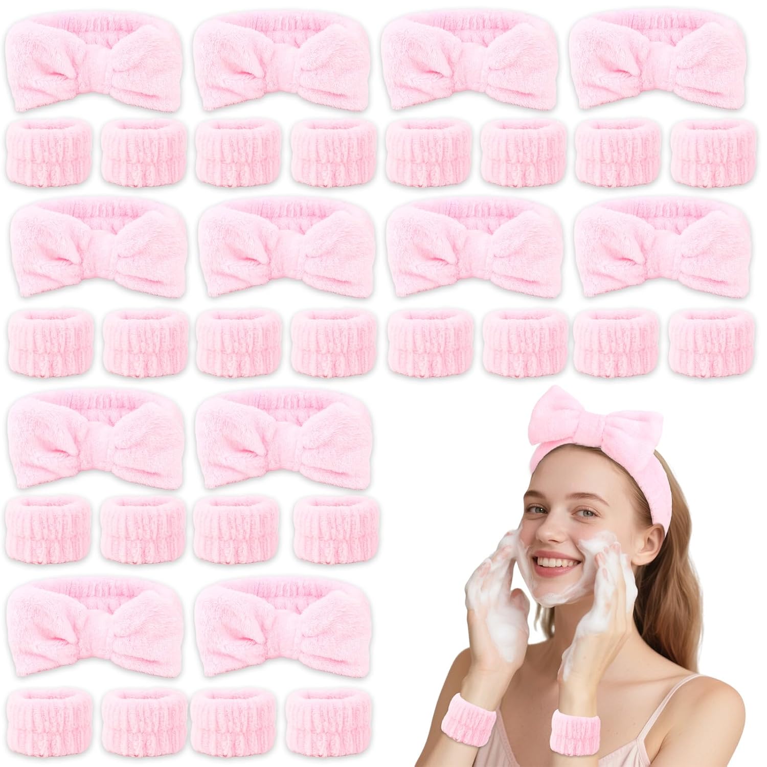 Wecoe 12 Pack Pink Spa Headbands and Wristbands Set for Washing Face Makeup Skincare Cute Soft Bow Hairbands Wrist Towels Sleepover Party Supplies Christmas Gifts Stocking Stuffers for Women Girls