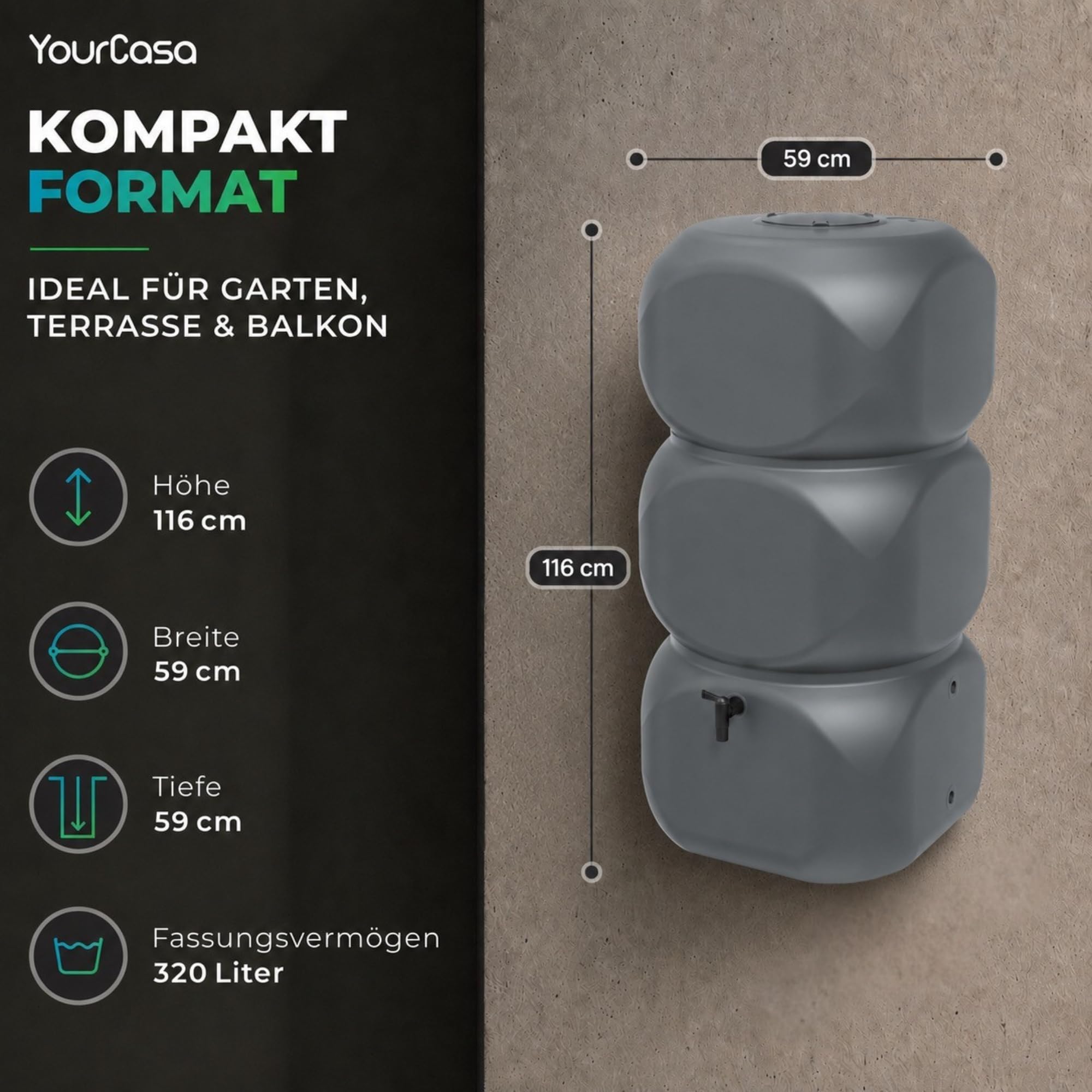 YourCasa Regentonne 320 Liter [Aquablock] - Wandtank mit Wasserhahn & Deckel - Wassertonne eckige Form - Regenfass Frostsicher Regenwassertonne Regenwassertank Wasserfass Garten (Anthrazit)
