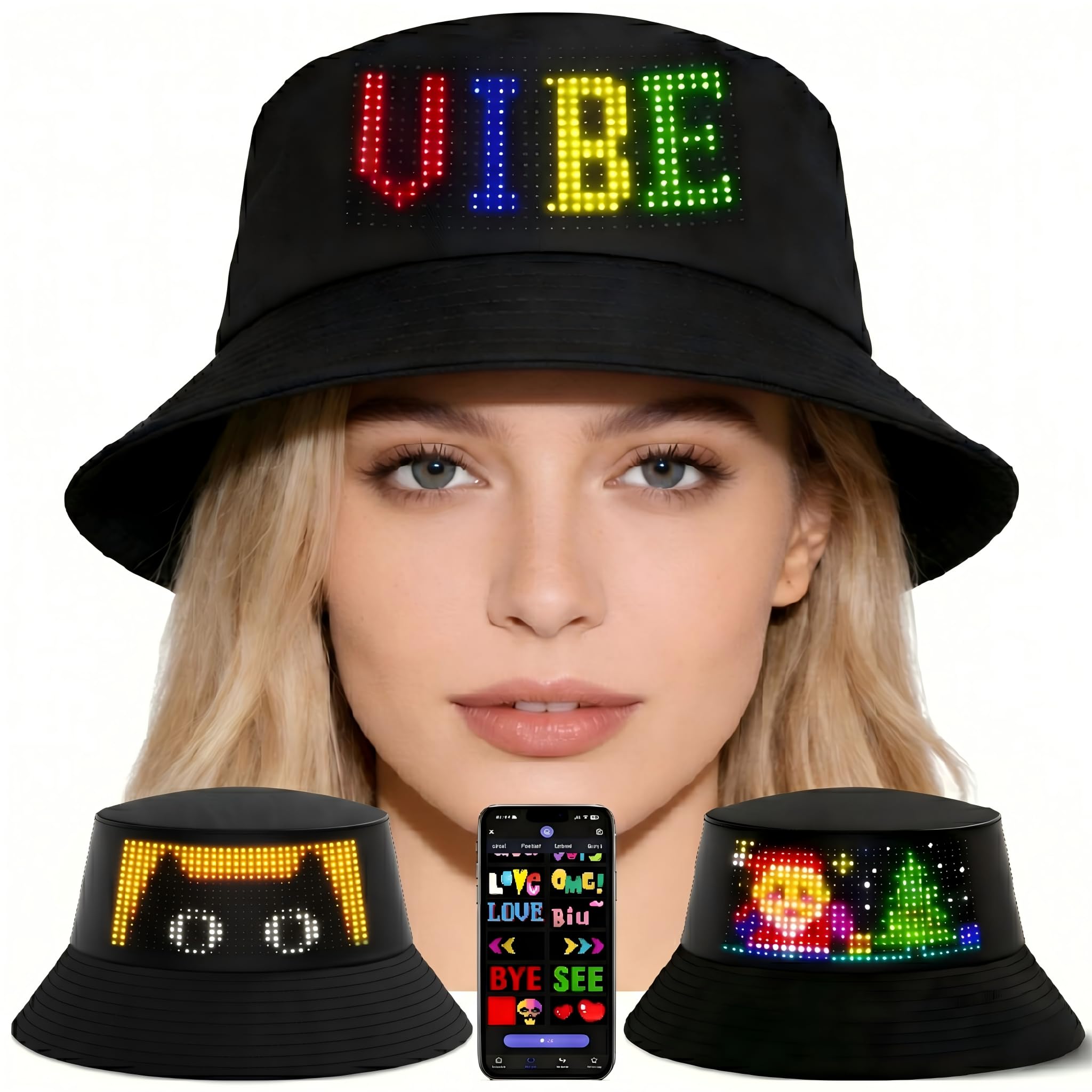LED Bucket Hat Fischerhut Programmierbar mit App-Steuerung, Leuchtender Hut mit Laufschrift Display, Cyberpunk Festival Outfit Rave Partyhut für Herren Damen, USB-C, Schwarz