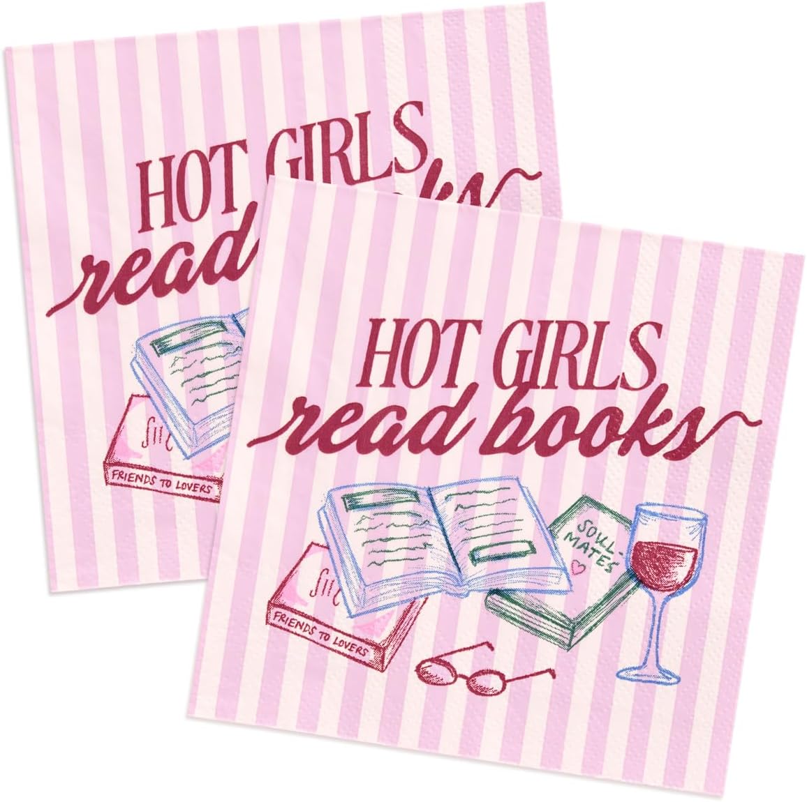 xo, Fetti Hot Girls Book Club Napkins - 25 Paper Napkins | Book Club Party, Girls Night, Bookish Decor, Pink Striped, Literary Theme, Brunch