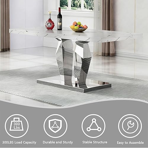 Miniatura 6 de Juego de 5 mesas de comedor de mármol sintético, juego de mesa de cocina y comedor para 4, mesa de comedor rectangular blanca de 70 pulgadas con