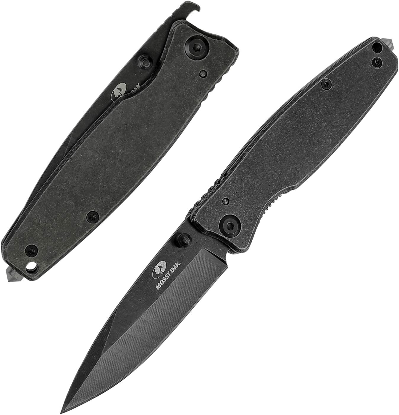 Mossy Oak Folding Pocket Knife - 7 inch EDC Stainless Steel Drop Point Blade Knife - Multi-Functional Tool with Bottle Opener - Liner Lock Handle (Black)