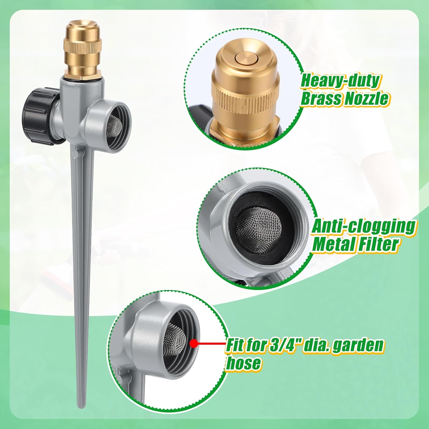 4 Pack Metal Lawn Sprinklers for Yard - 360° Coverage Water Sprinklers, Adjustable Brass Nozzle with Aluminum Alloy Spike Base for Medium Garden Irrigation