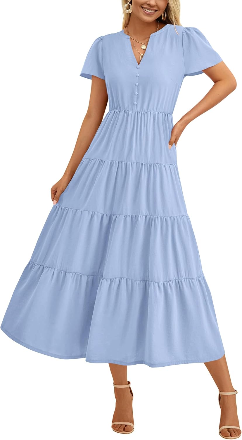 PRETTYGARDEN Women Summer Midi Dresses 2025 Casual Short Sleeve V Neck Belted Tiered Ruffle Vacation Dress with Pockets