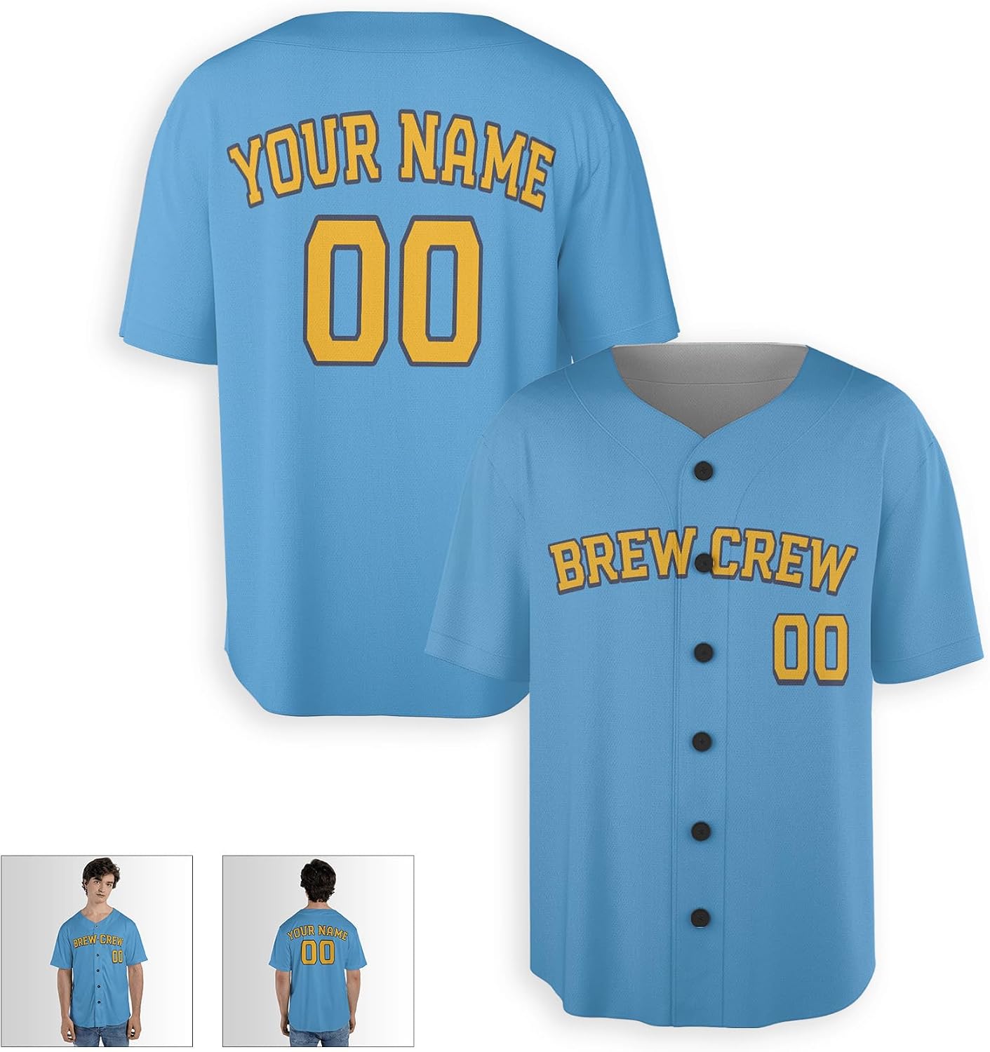 Custom Baseball Jersey with Brew Crew Printing for Men, Women, Youth, Toddlers & Infants - Add Your Name & Number - Piping & No Piping Options Sky Blue