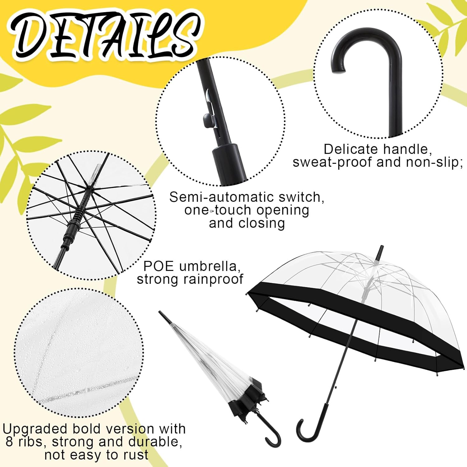 6 Pack Clear Lightweight Umbrella for Rain Automatic Open, Transparent Dome Umbrella with Easy Grip Strap for Women