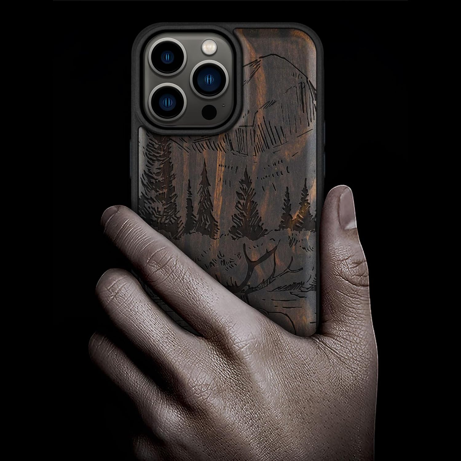 Carveit Magnetic Wooden Case for iPhone 15 Pro Max Case, Compatible with MagSafe Wireless Chargers, Black Soft TPU Shockproof Cover & Wood Artisan Engraved (Mountains and Deer) - Blackwood