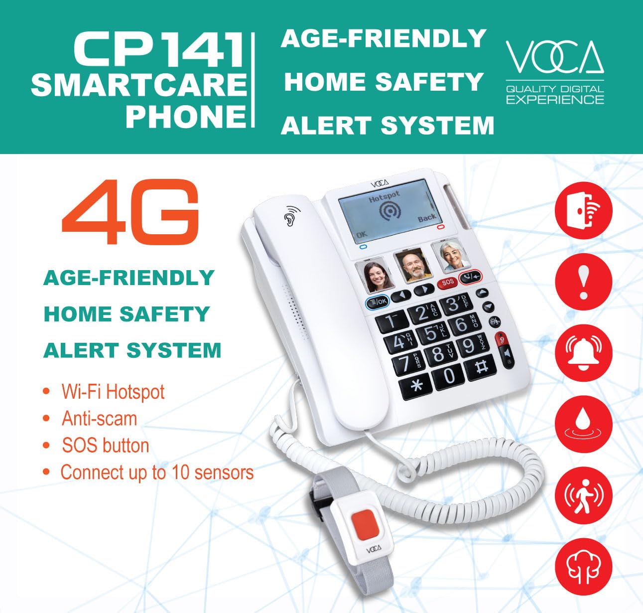 Telefono VOCA con tasti grandi per anziani | Telefono amplificato intelligente wireless CP141 4G | Telefoni ad alto volume per ipoudenti | Braccialetto SOS | Hotspot Wi-Fi | Connetti fino a 10 sensori